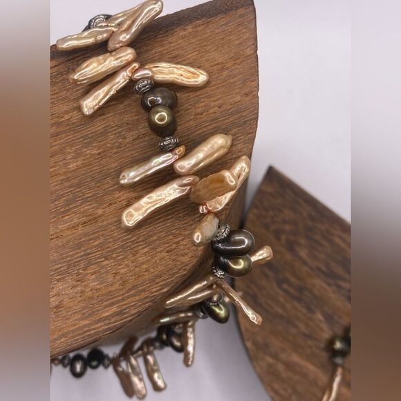 Natural Pearl Biwa Stick & Chocolate Necklace & Earring Set Boho Artsy Lagenlook - Picture 3 of 5